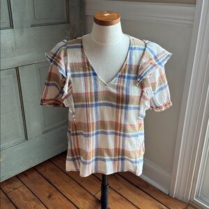 Madewell V-Neck Shoulder-Ruffle Top in Plaid Sz Medium Lightweight Sheer Cotton